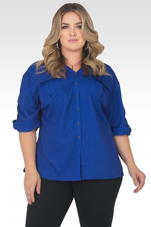 Plus Size Lola V-Neck Rolled 3/4 Sleeve Utility Top - Royal Blue-1