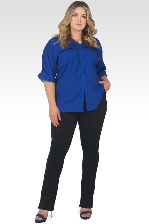 Plus Size Lola V-Neck Rolled 3/4 Sleeve Utility Top - Royal Blue-4