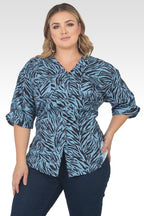 Plus Size Lola V-Neck Rolled 3/4 Sleeve Utility Top - Blue & Black Zebra Print-1