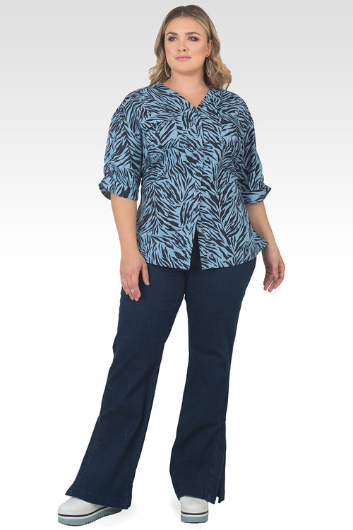 Plus Size Lola V-Neck Rolled 3/4 Sleeve Utility Top - Blue & Black Zebra Print-4