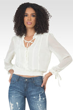 Jessica Chiffon Tie-Neck Long Sleeve Prairie Top - Off-White-1