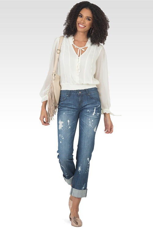 Jessica Chiffon Tie-Neck Long Sleeve Prairie Top - Off-White-4
