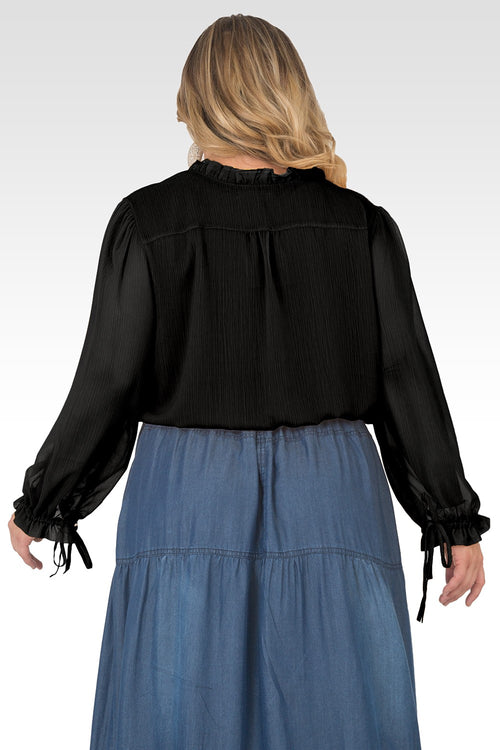 Plus Size Jessica Chiffon Tie-Neck Long Sleeve Prairie Top - Black-2