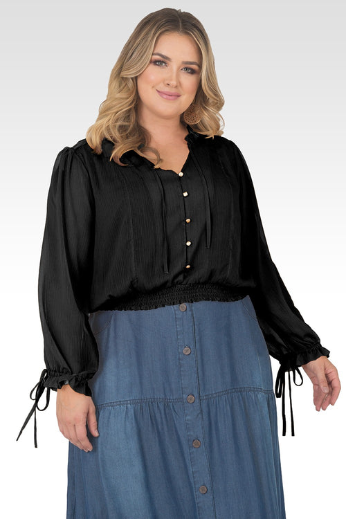 Plus Size Jessica Chiffon Tie-Neck Long Sleeve Prairie Top - Black-1