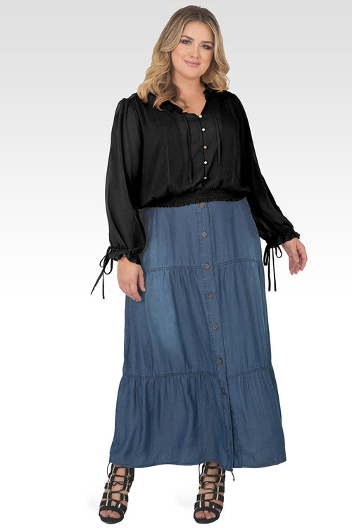 Plus Size Jessica Chiffon Tie-Neck Long Sleeve Prairie Top - Black-3