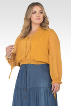 Plus Size Jessica Chiffon Tie-Neck Long Sleeve Prairie Top - Dark Ginger Yellow-1