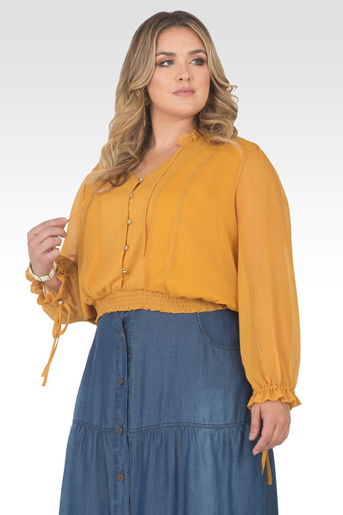 Plus Size Jessica Chiffon Tie-Neck Long Sleeve Prairie Top - Dark Ginger Yellow-1