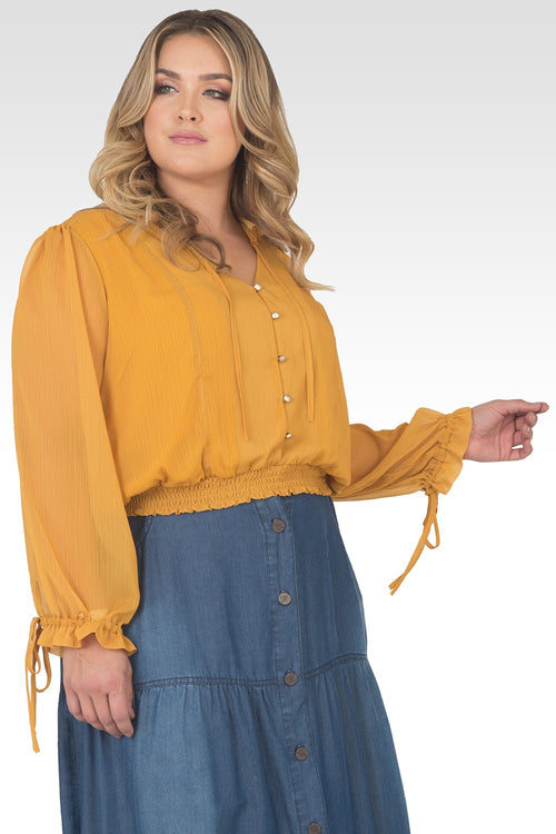 Plus Size Jessica Chiffon Tie-Neck Long Sleeve Prairie Top - Dark Ginger Yellow-3