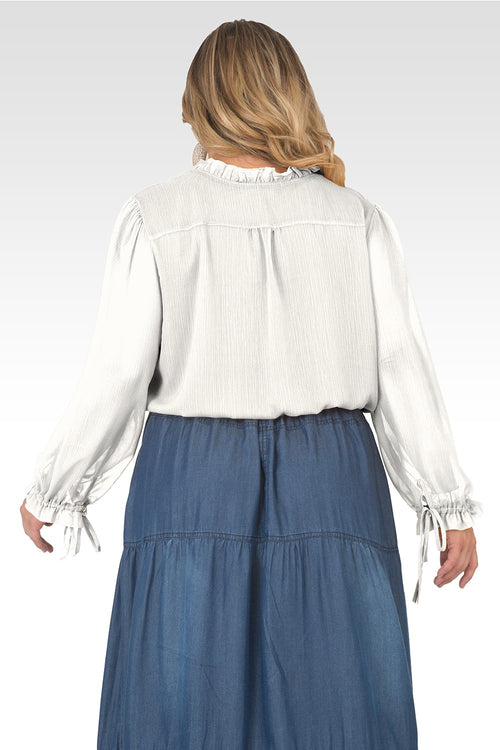 Plus Size Jessica Chiffon Tie-Neck Long Sleeve Prairie Top - Off-White-2