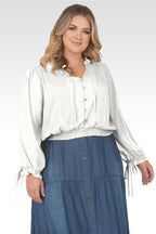 Plus Size Jessica Chiffon Tie-Neck Long Sleeve Prairie Top - Off-White-1