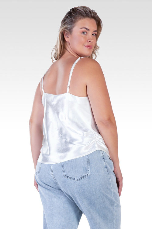 Elecktra Women's Plus Size Cowl Neck Ruched Waist Satin Crop Top