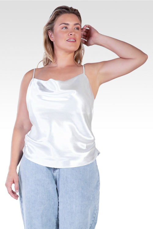 Elecktra Women's Plus Size Cowl Neck Ruched Waist Satin Crop Top