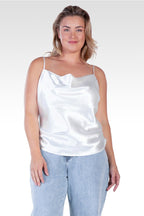 Elecktra Women's Plus Size Cowl Neck Ruched Waist Satin Crop Top