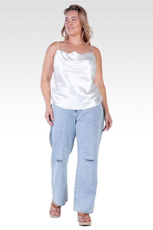 Elecktra Women's Plus Size Cowl Neck Ruched Waist Satin Crop Top