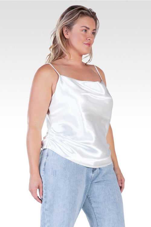 Elecktra Women's Plus Size Cowl Neck Ruched Waist Satin Crop Top