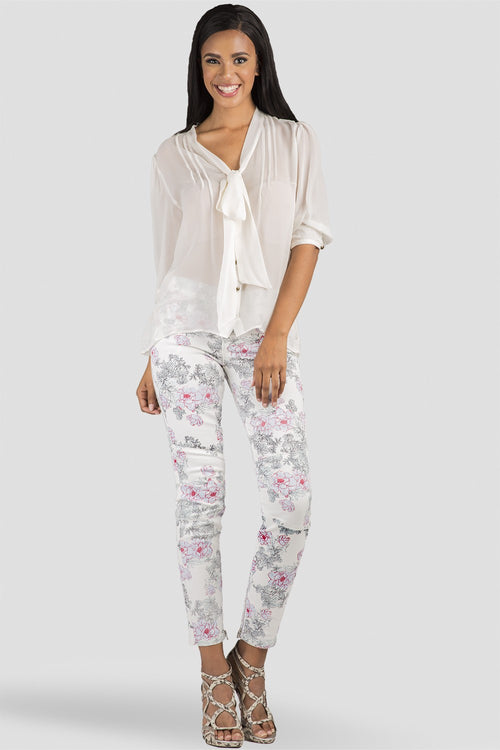 Women White Rose Printed Denim Jeans