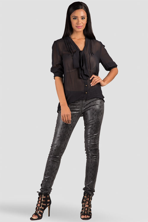 Black Neck Tie Sheer Blouse
