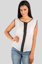 Women Ivory Black Beaded Sleeveless Silk Blouse