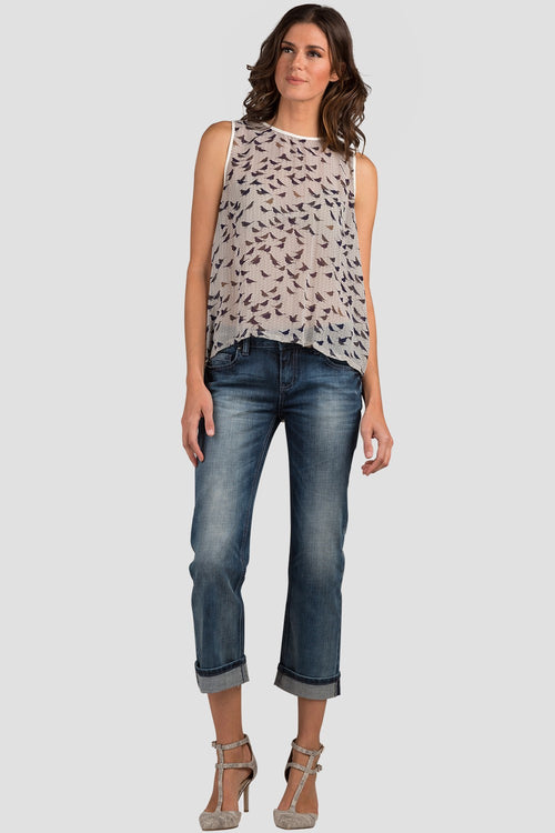 Women Bird Print Sheer Tank Top