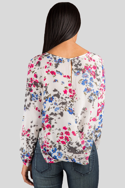White Floral Print Chiffon Drape Blouse