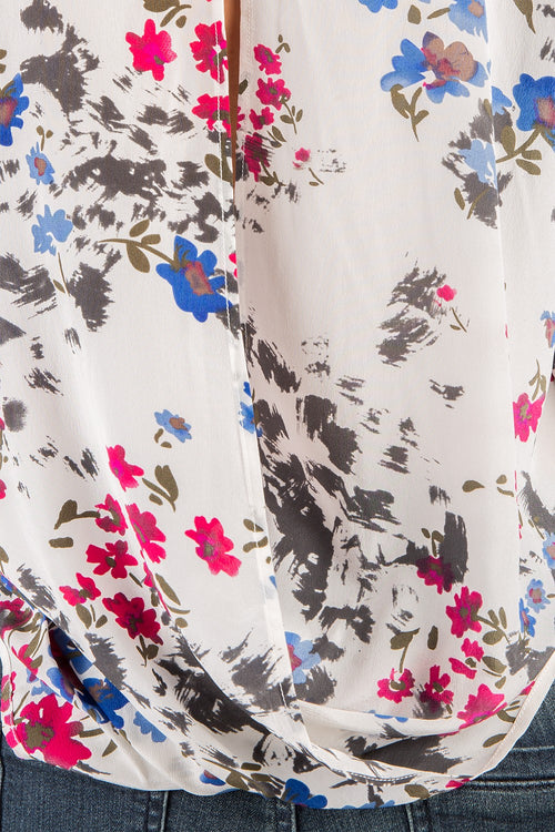 White Floral Print Chiffon Drape Blouse