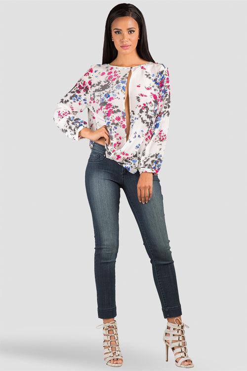 Women Floral Print Chiffon Drape Blouse
