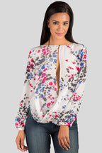 White Floral Print Chiffon Drape Blouse