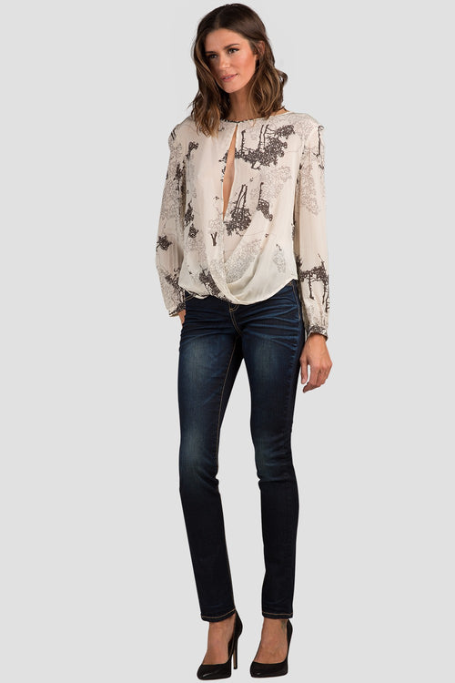 Women Floral Print Drape Silk Blouse
