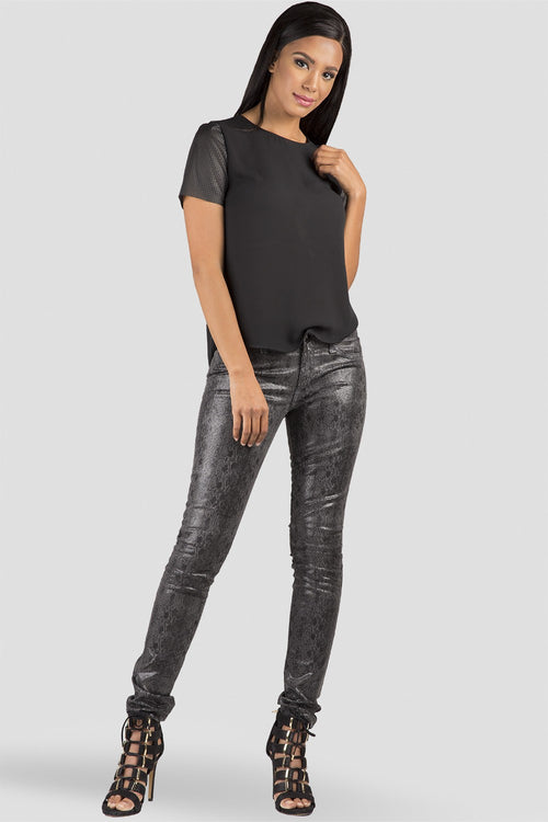 Women Black Vegan Leather Chiffon Shirt