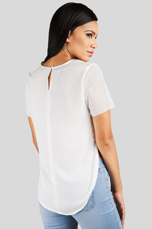 Women White Vegan Leather Chiffon Top