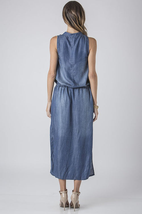 Women Denim Tencel Maxi Dress w/ Waist Drawstring
