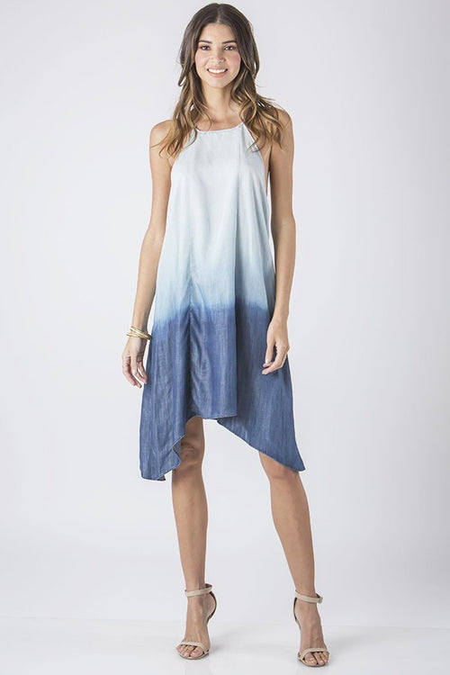 Women Blue Ombre Tencel Dip Dye Midi Dress