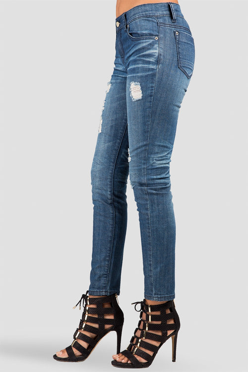 Women Dark Wash Destroyed Ankle Jeans