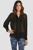 Women Black Chiffon Long Sleeve Blouse