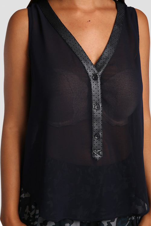 Midnight Blue Henley Top Sleeveless w/ Vegan Leather