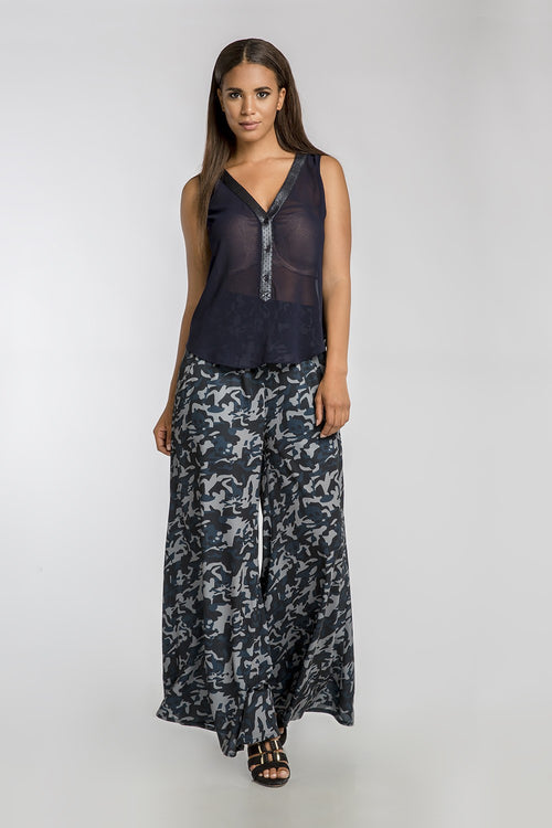 Maybel Woven Sleeveless Henley Top W Vegan Leather Trim