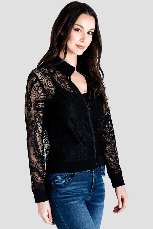 Standards & Practices Women's Peek-A-Boo Black Lace Bomber Jacket