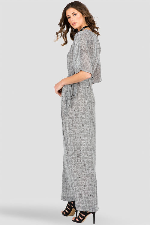 Black & White Tribal Print Kimono Wrap Maxi Dress