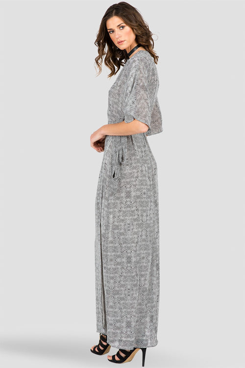 Olivia Woven GGT Black And White Tribal Print Kimono Wrap Maxi Dress
