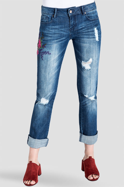 Standards & Practices Women's Embroidered Distressed Boyfriend Jeans