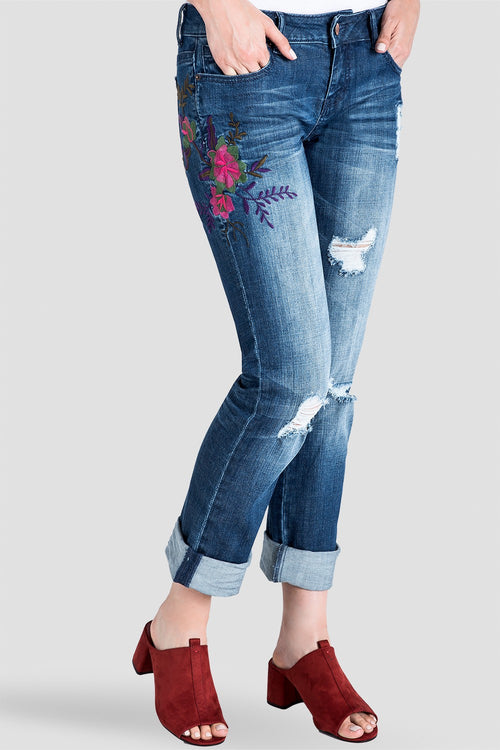 Standards & Practices Women's Embroidered Distressed Boyfriend Jeans