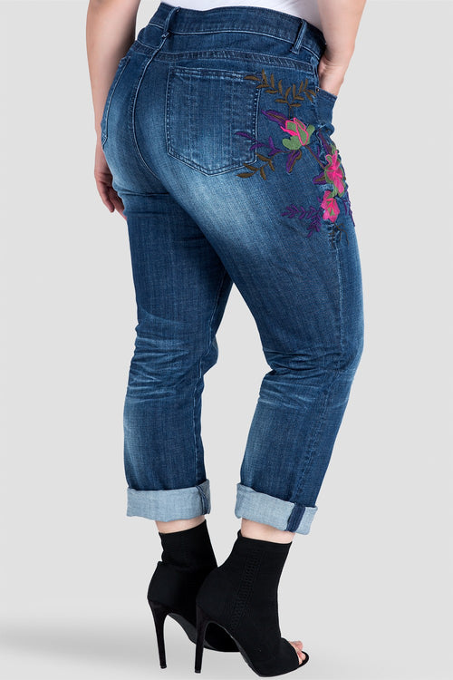 Plus Size Embroidered Distressed Boyfriend Jeans
