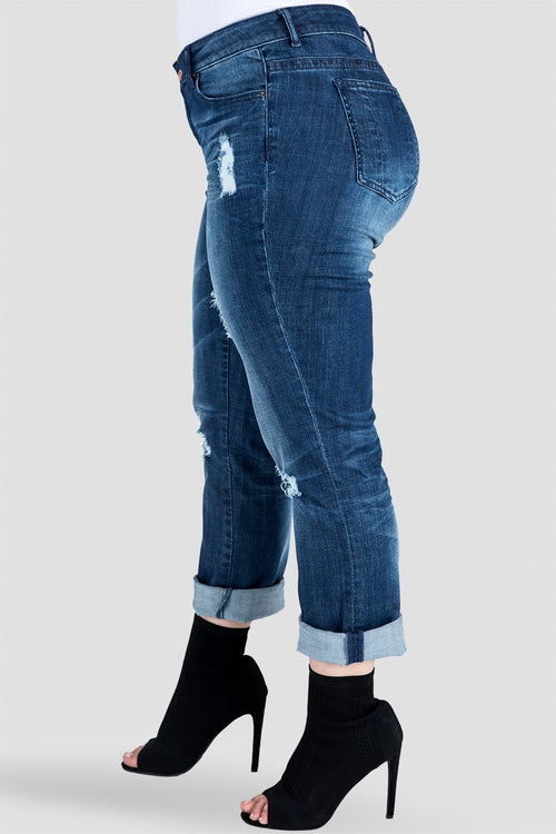 Plus Size Embroidered  Boyfriend Jeans in Distressed Denim