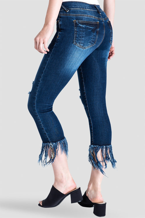 Laura Fringe Frayed Hem Distressed Indigo Stretch Jeans Back