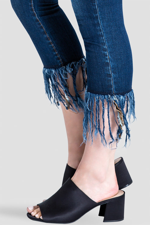 Women's Fringe Frayed Hem Distressed Indigo Stretch Jeans