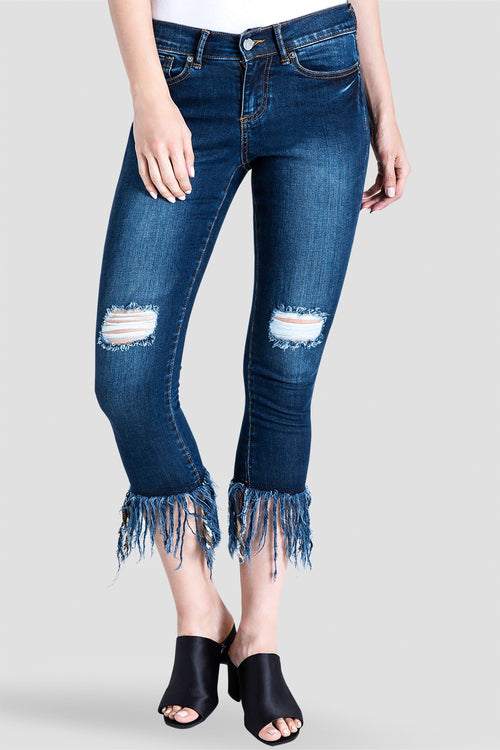 Women's Fringe Hem Distressed Indigo Stretch Jeans