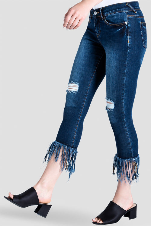Women's Fringe Hem Distressed Indigo Stretch Jeans
