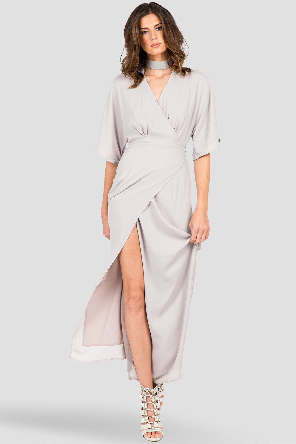 gray wrap maxi dress Olivia Woven GGT Light Gray Kimono Wrap Maxi Dress