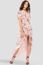 Women's Peach & Pink Floral Print V-Neck Maxi Dress