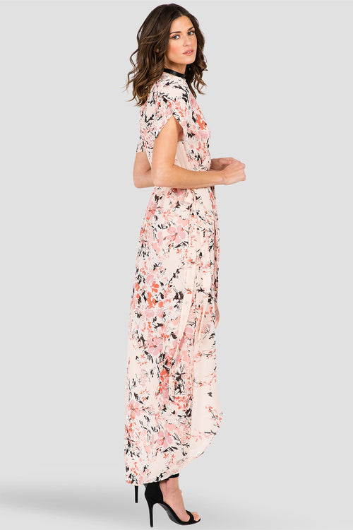 Robin Short Sleeve V-Neck Maxi Dress Peach Pink Floral Print